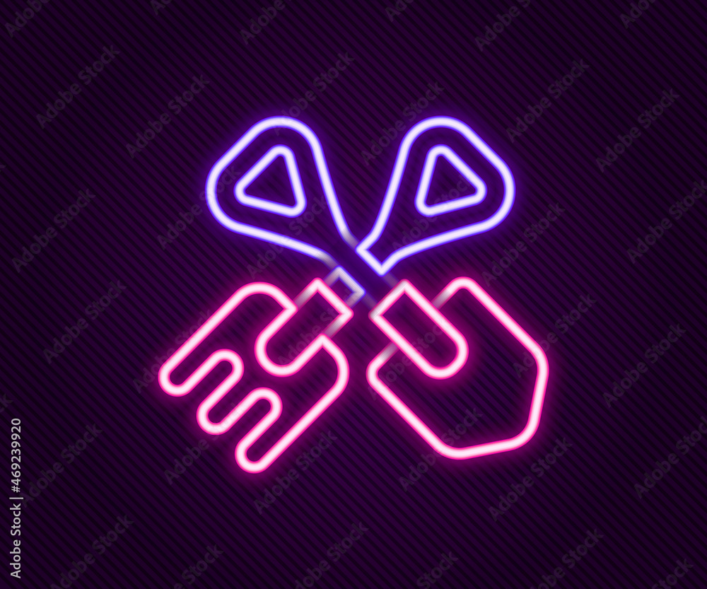 Glowing neon line Shovel and rake icon isolated on black background. Tool for horticulture, agriculture, gardening, farming. Ground cultivator. Colorful outline concept. Vector Glowing neon line Shovel and rake icon isolated on black background. Tool for horticulture, agriculture, gardening, farming. Ground cultivator. Colorful outline concept. Vector