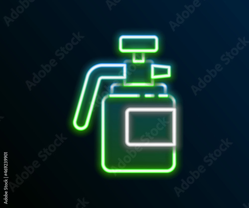 Glowing neon line Garden sprayer for water, fertilizer, chemicals icon isolated on black background. Colorful outline concept. Vector