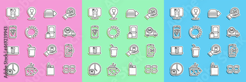 Set line Coffee cup to go, Food ordering, Fast delivery by car, Online burger, pizza, Cafe and restaurant location and icon. Vector