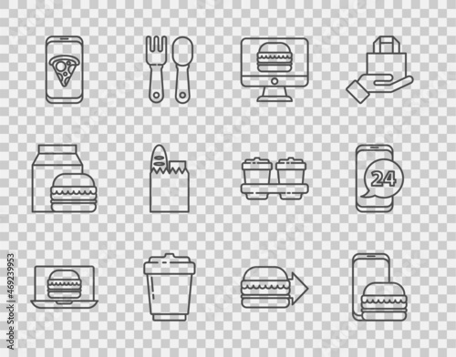 Set line Online ordering burger delivery, and, Coffee cup to go, Food pizza, Shopping bag food, and icon. Vector