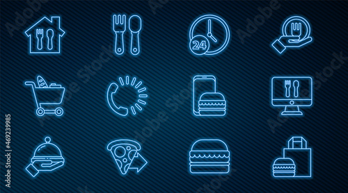 Set line Online ordering burger delivery, and, Clock 24 hours, Food, Shopping cart food, and Fork spoon icon. Vector