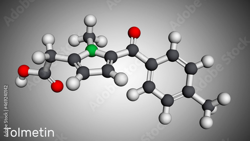 Tolmetin molecule. It is monocarboxylic acid  nonsteroidal anti-inflammatory drug NSAID. Molecular model. 3D rendering