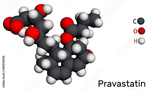 Pravastatin molecule. Statin, anticholesteremic drug, used to lower lipid levels, to reduce the risk of myocardial infarction, stroke. Molecular model. 3D rendering photo