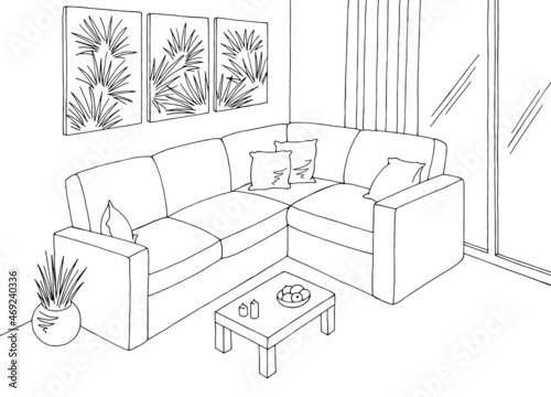 Living room graphic black white home interior sketch illustration vector 