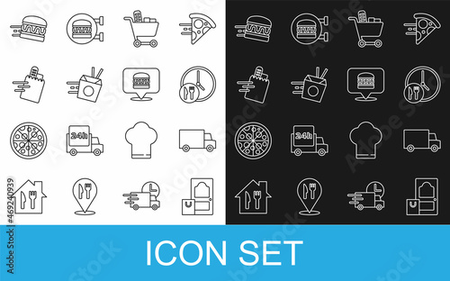 Set line Online ordering and delivery, Fast by car, Round the clock, Shopping cart food, noodles, burger and icon. Vector