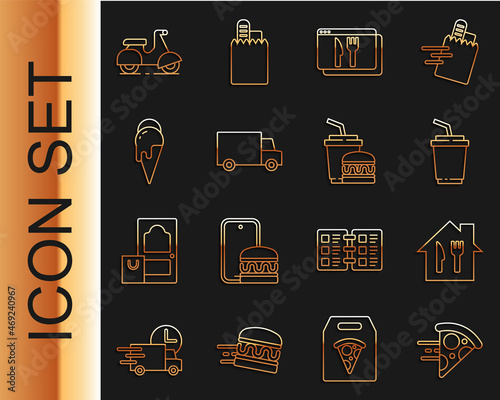 Set line Online ordering pizza delivery, and, Paper glass with water, Fast by car, Ice cream, Scooter and burger icon. Vector