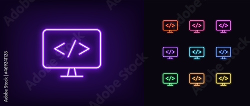 Programming icon in outline neon. Glowing neon computer with code sign, web development pictogram. Software and app development, programming language. Vector icon set, vivid sign, symbol for UI