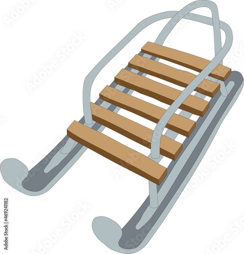 Wooden sleigh for children. Classic vintage wood transport vehicle for kids. Snow sleigh vector illustration. Isolated.
