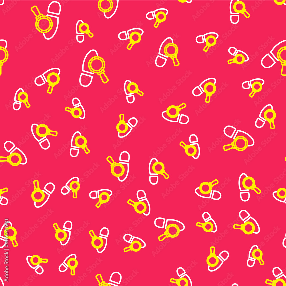 Line Magnifying glass with footsteps icon isolated seamless pattern on red background. Detective is investigating. To follow in the footsteps. Vector Line Magnifying glass with footsteps icon isolated seamless pattern on red background. Detective is investigating. To follow in the footsteps. Vector