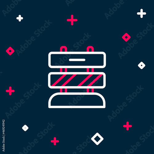 Line End of railway tracks icon isolated on blue background. Stop sign. Railroad buffer end to destination. Colorful outline concept. Vector