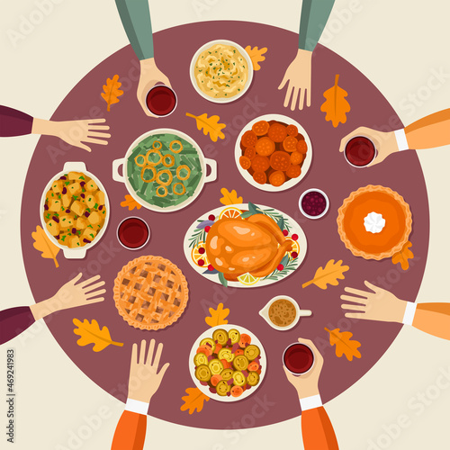 Thanksgiving Day festive dinner. Traditional Thanksgiving food, table top view vector illustration.