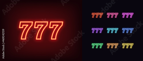 Outline neon 777 icon. Glowing neon 777 sign, lucky number pictogram in vivid colors. Big win and jackpot, online casino game, lucky chance and fortune. Vector icon set, symbol for UI
