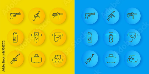 Set line M16A1 rifle, Weapons oil bottle, Knife holster, Collimator sight, Gun in, Desert eagle gun, Submachine M3 and Tommy icon. Vector