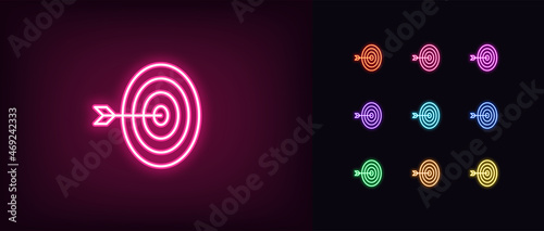 Outline neon target icon. Glowing neon target sign, aim pictogram in vivid colors. Bullseye hit, priority objective, accuracy, goal performance, focus on purpose. Vector icon set, symbol for UI