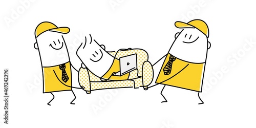 Delivery stick figures men movers carry sofa with businessman. Delivery and relocation service concept.