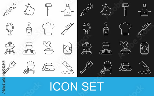 Set line Ketchup bottle, Soda can, Knife, Kitchen hammer, Meat tongs, Grilled shish kebab and Chef hat icon. Vector