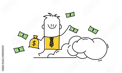 Successful stick man, businessman with money on the cloud.