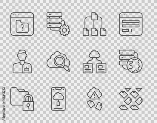 Set line Folder and lock, Data stream, tree, Cloud technology data transfer, File missing, Search cloud computing, hacking and Network connection icon. Vector