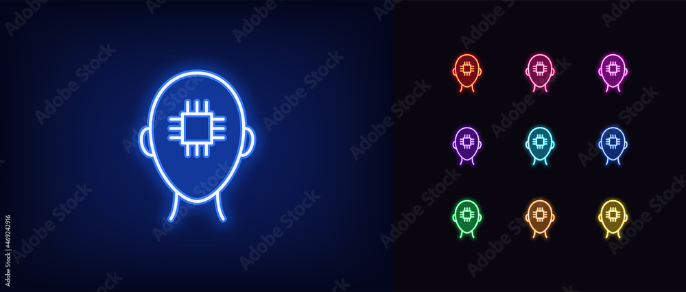 Outline neon brain chipping icon. Glowing neon human head with chip, artificial intelligence sign. Personal chip, brain biohacking, digital mind and intellect. Vector icon set, symbol for UI