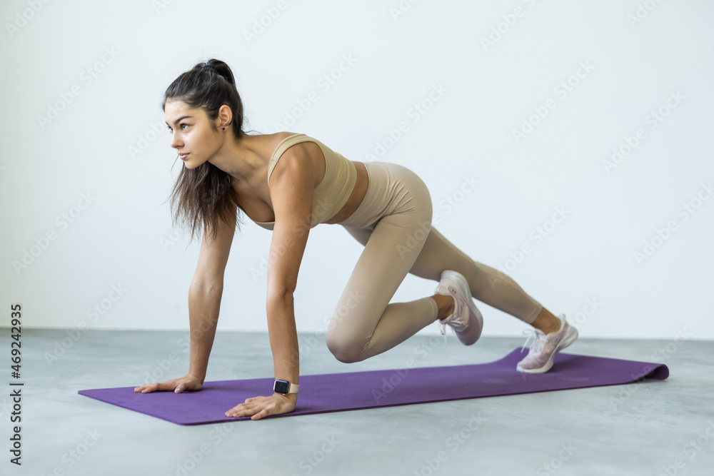 Beautiful fitness woman in a athletic outfit doing mountain climber exercises in apartment