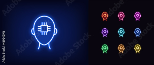 Outline neon brain chipping icon. Glowing neon human head with chip, artificial intelligence sign. Personal chip, brain biohacking, digital mind and intellect. Vector icon set, symbol for UI