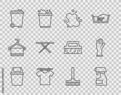 Set line Trash can, Cleaning spray bottle, Water spill, Drying clothes, Ironing board, Handle broom and Rubber gloves icon. Vector