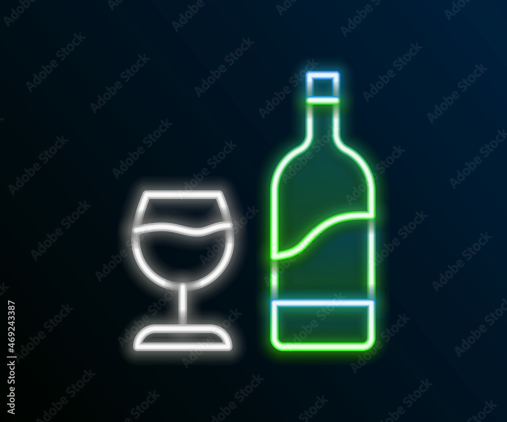 Glowing neon line Wine bottle with glass icon isolated on black background. Colorful outline concept. Vector Glowing neon line Wine bottle with glass icon isolated on black background. Colorful outline concept. Vector