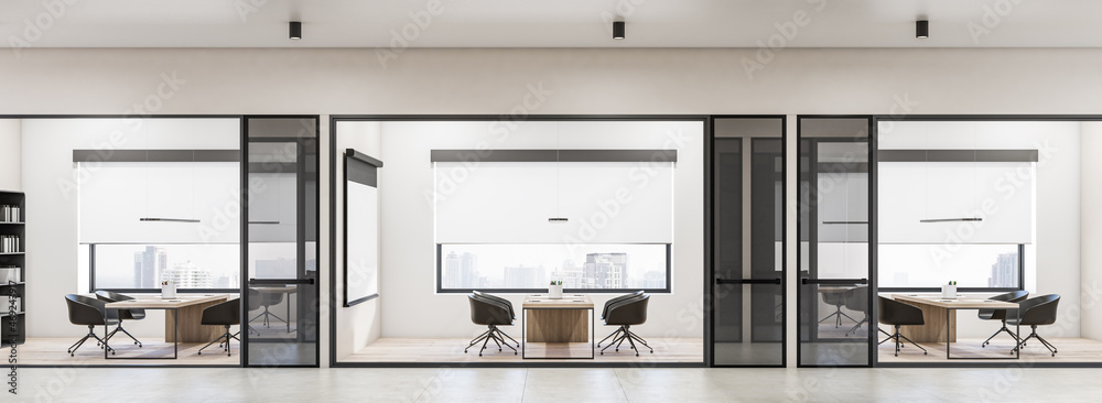 Fototapeta premium Modern panoramic concrete office interior with glass partition and furniture, daylight, window with city view. Workplace concept. 3D Rendering.