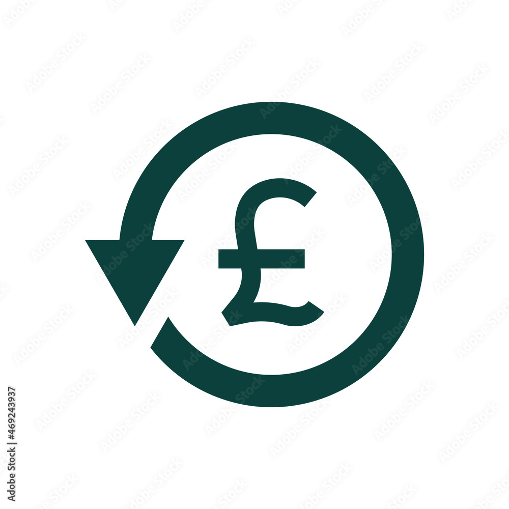 Pound symbol in circular arrow. Money return, chargeback, refunds, cashback, exchange icon isolated. Vector illustration