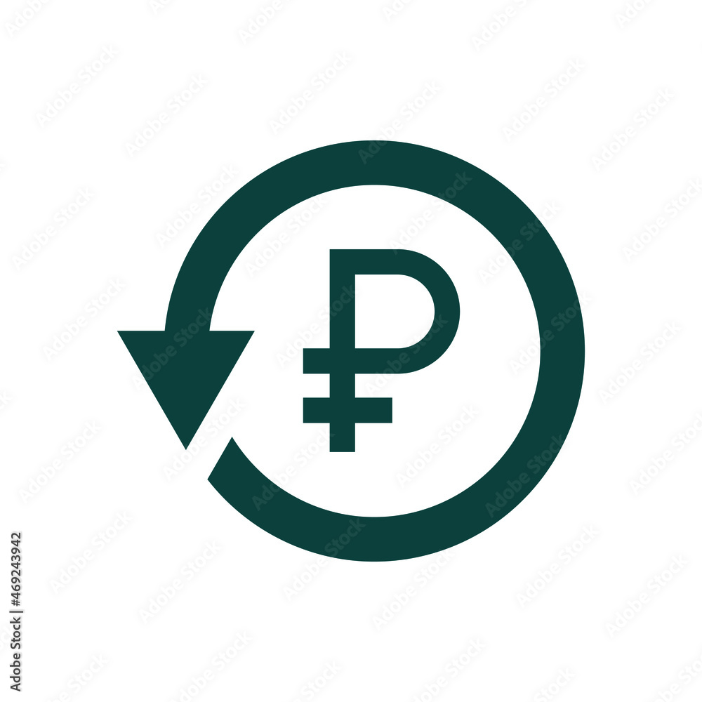 Ruble symbol in circular arrow. Money return, chargeback, refunds, cashback, exchange icon isolated. Vector illustration Ruble symbol in circular arrow. Money return, chargeback, refunds, cashback, exchange icon isolated. Vector illustration