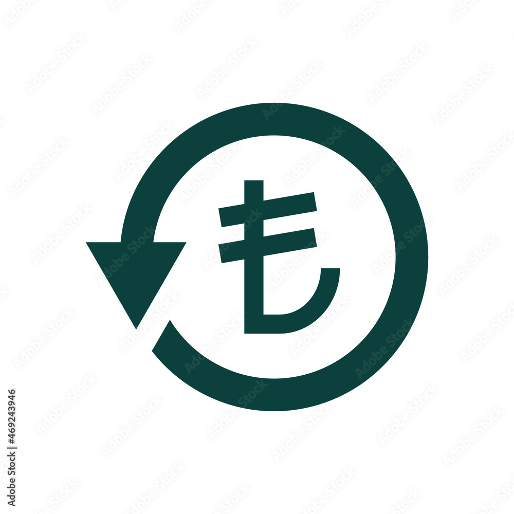 Turkish lira symbol in circular arrow. Money return, chargeback, refunds, cashback, exchange icon isolated. Vector illustration Turkish lira symbol in circular arrow. Money return, chargeback, refunds, cashback, exchange icon isolated. Vector illustration