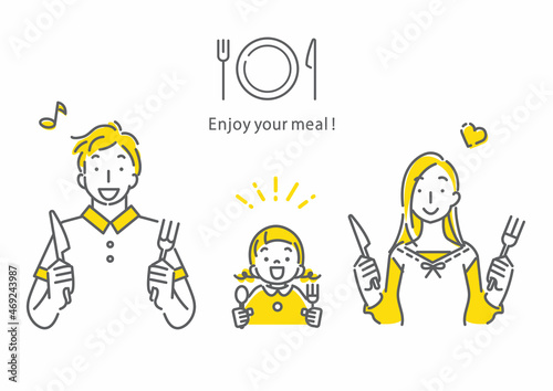 食事を楽しむ家族 シンプルでお洒落な線画イラスト