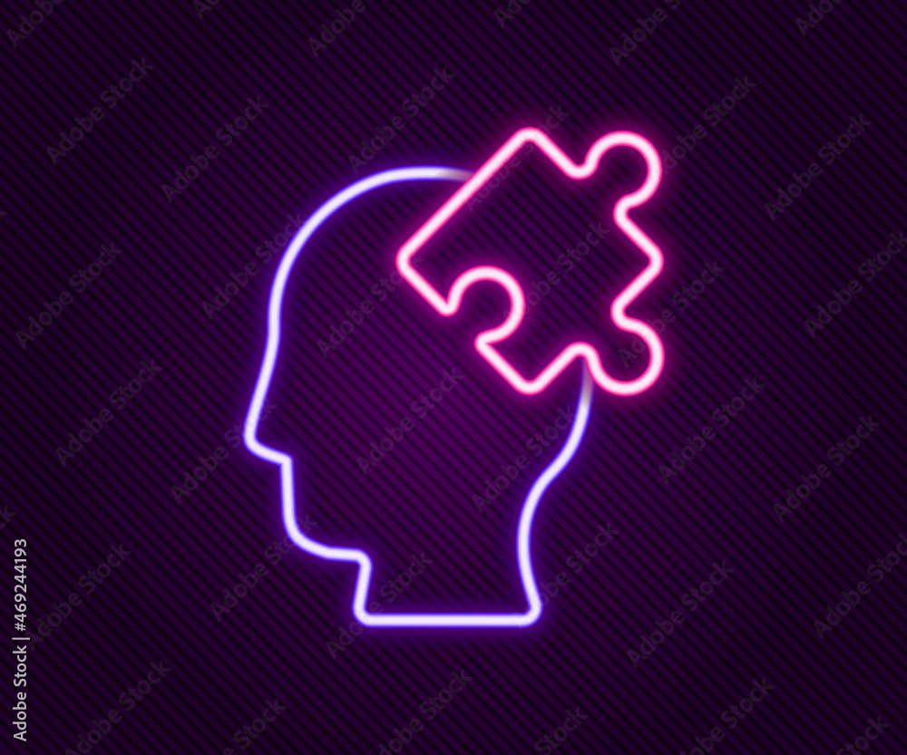Glowing neon line Solution to the problem in psychology icon isolated on black background. Puzzle. Therapy for mental health. Colorful outline concept. Vector Glowing neon line Solution to the problem in psychology icon isolated on black background. Puzzle. Therapy for mental health. Colorful outline concept. Vector