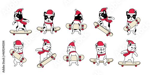 dog vector Christmas french bulldog Santa Claus hat skateboard surfskate puppy pet icon character cartoon symbol tattoo stamp scarf illustration design