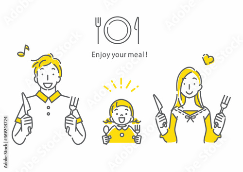 食事を楽しむ家族　シンプルでお洒落な線画イラスト
