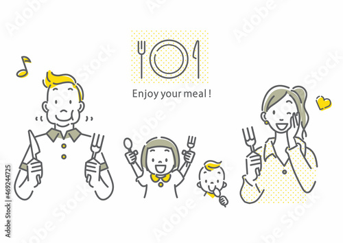 食事を楽しむ家族　シンプルでお洒落な線画イラスト