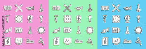 Set line Triangle, Tambourine, Microphone, Trumpet, Stereo speaker, Drum and drum sticks, and Treble clef icon. Vector