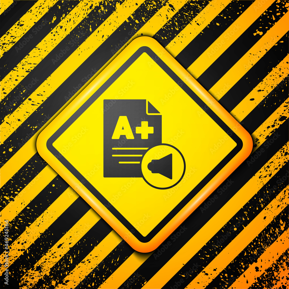 Black Exam sheet with A plus grade icon isolated on yellow background. Test paper, exam, or survey concept. School test or exam. Warning sign. Vector Black Exam sheet with A plus grade icon isolated on yellow background. Test paper, exam, or survey concept. School test or exam. Warning sign. Vector