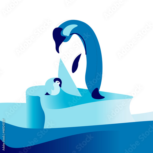 A parent penguin and his baby penguin on an ice floe in the ocean. Nature protection, global warming.