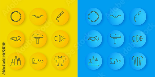 Set line Award over sports winner podium, Bicycle chain with gear, seat, Cycling t-shirt, head lamp, wheel, air pump and handlebar icon. Vector