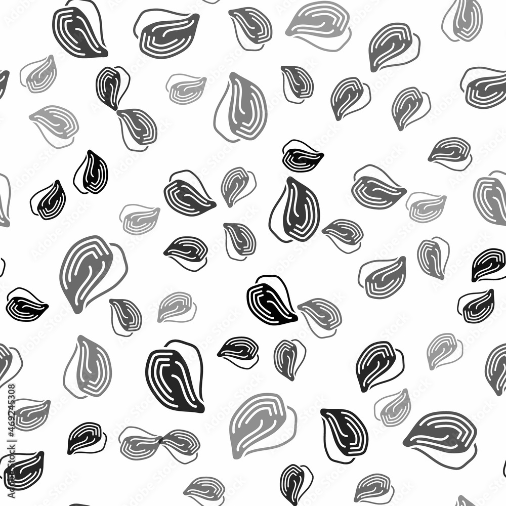 Black Mussel icon isolated seamless pattern on white background. Fresh delicious seafood. Vector