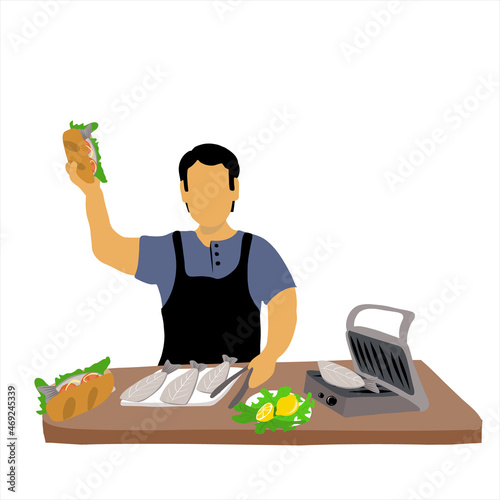 Male chef preparing a fish sandwich. Grilled fried fish. Man with Balık Ekmek. Best street food. Isolated on a white background.