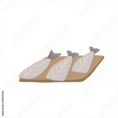 Three uncooked fish fillets on a cutting board. Isolated on a white background. Cartoon vector illustration.