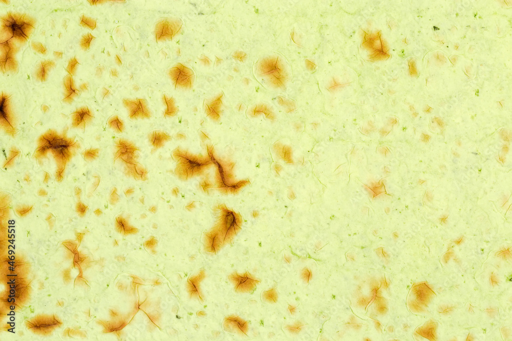 Surface of thin flat unleavened breads with spinach, top view