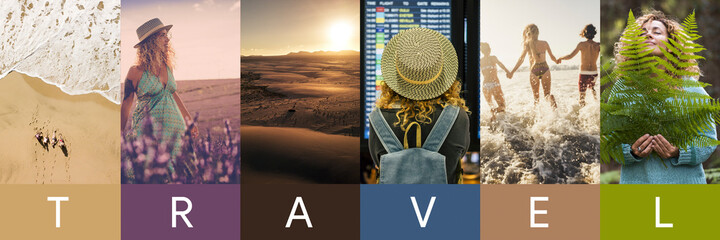 People enjoying outdoor leisure activity and travel lifestyle in summer holiday vacation. Men and women header banner traveler life. Free people in world destinations