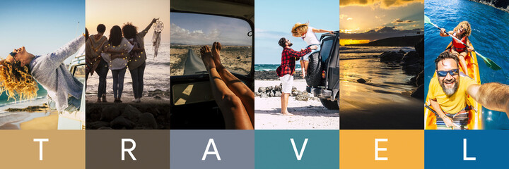 Travel lifestyle header banner concept. Vertical collage of pictures men and women enjoying summer holidays in outdoors. Traveler life of happy people at beach and sea