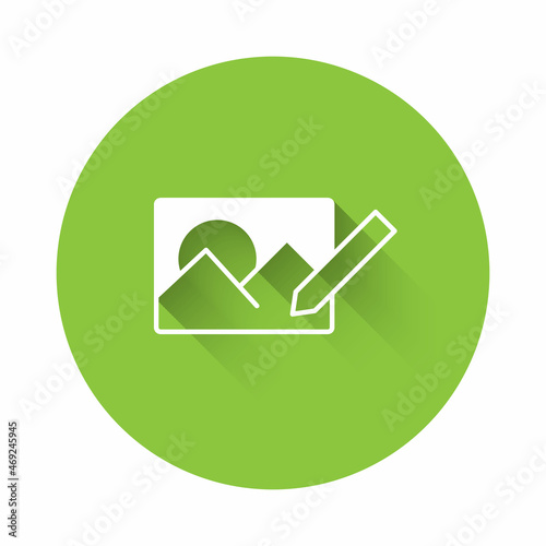 White Photo retouching icon isolated with long shadow. Photographer, photography, retouch icon. Green circle button. Vector