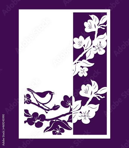 Spring frame with flowers and a bird. Can be used as a postcard or panel.
