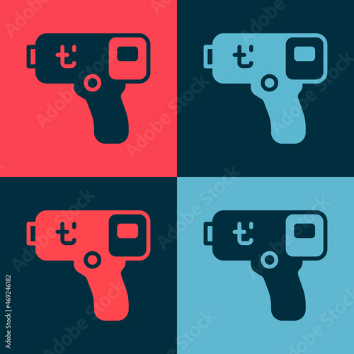 Pop art Digital contactless thermometer with infrared light icon isolated on color background. Vector