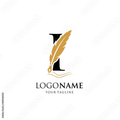 Letter I Feather Pen Logo Design Vector Icon Graphic Emblem Illustration Background Template